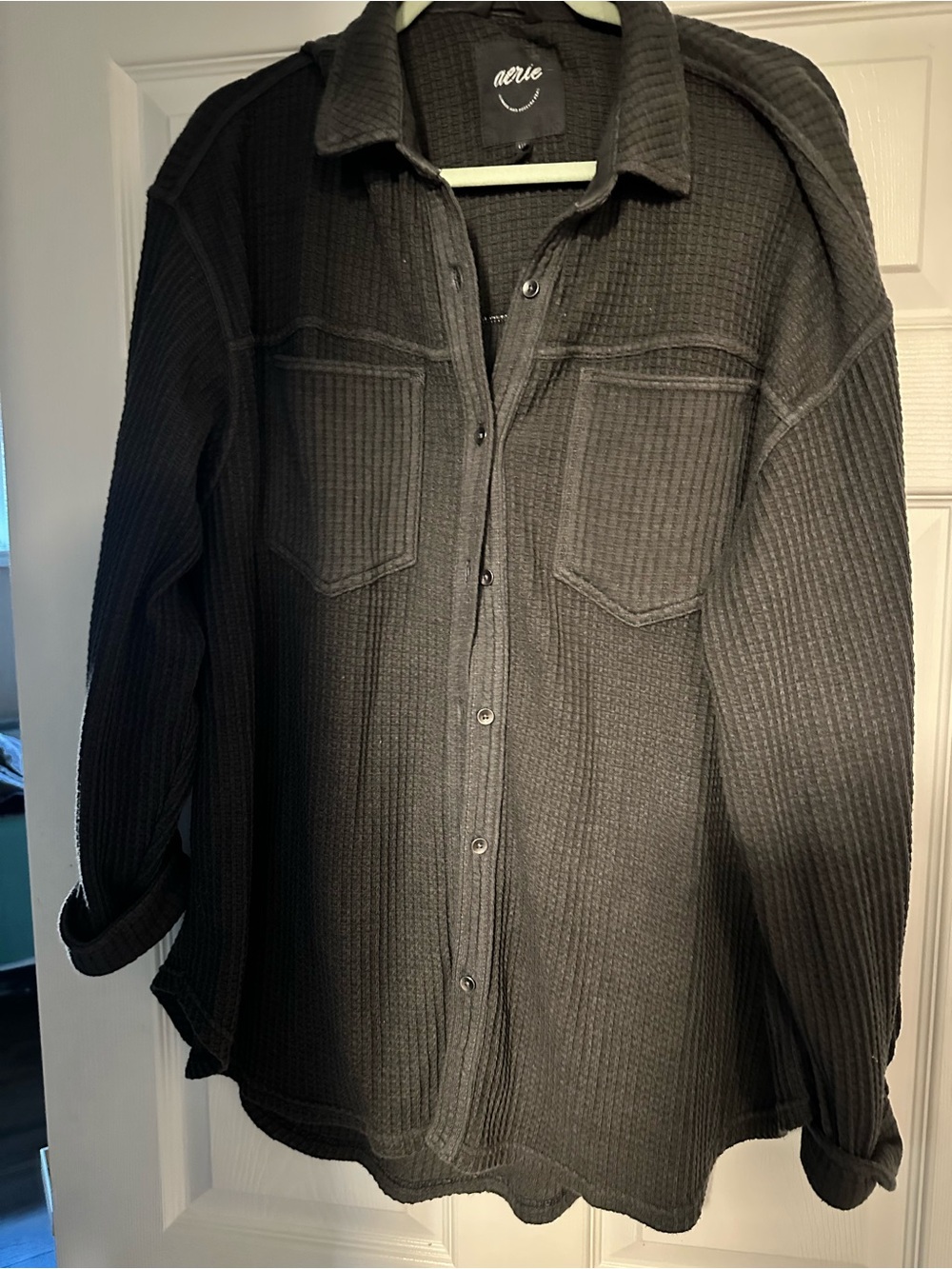 aerie Black Waffle-Knit Button Shirt Jacket